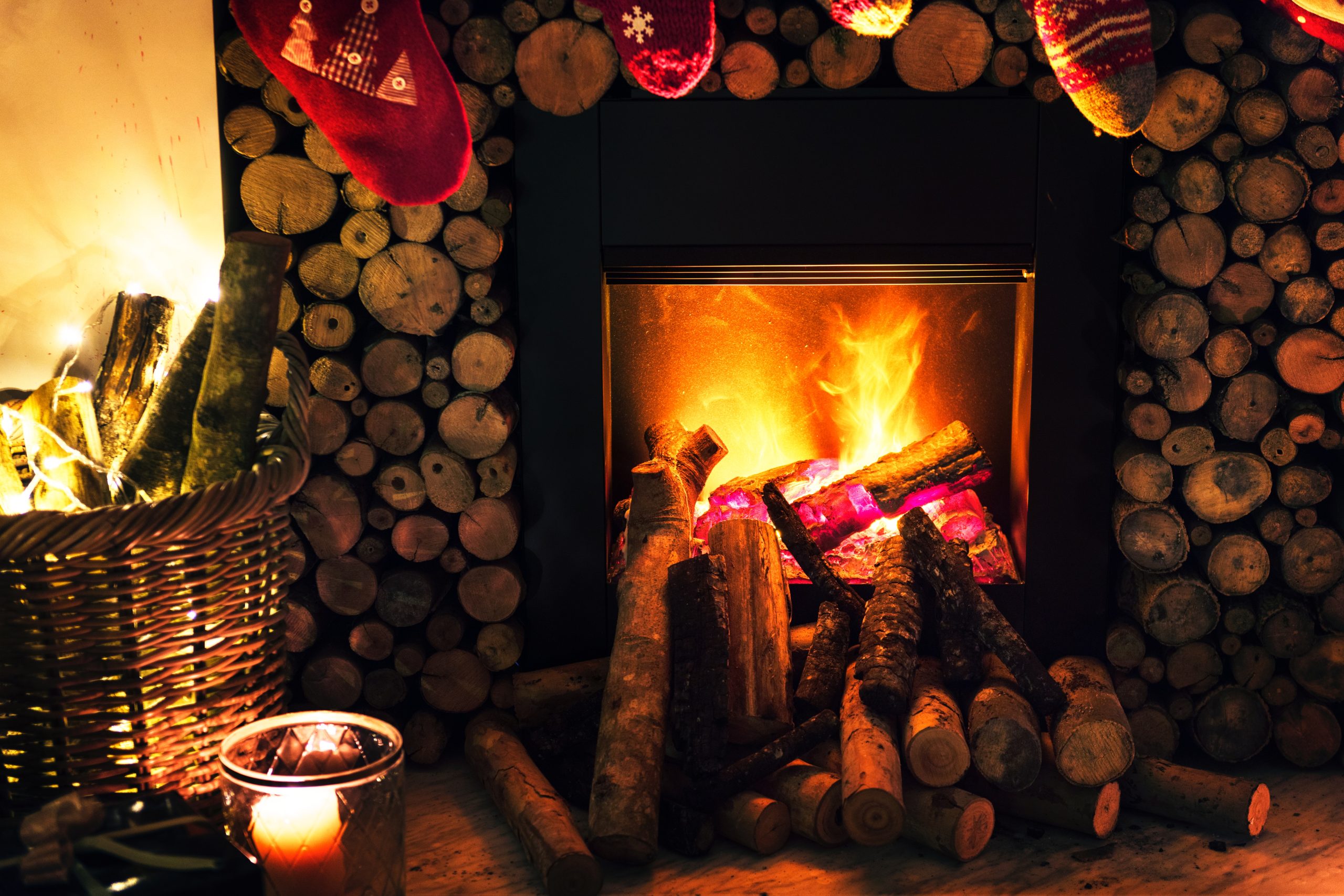 Warm fire with Christmas mantel